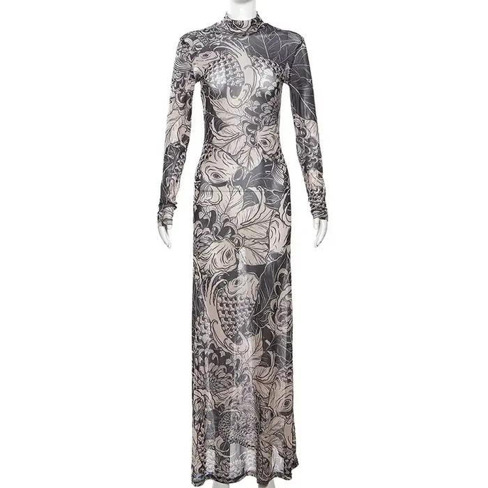 Nibber femmes élégant col rond corps imprimé Robe Maxi manches longues corps-shaping