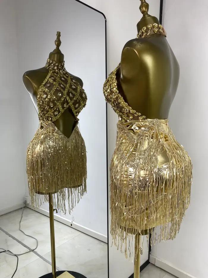 Femmes or soirée Club robe de soirée Sexy licou dos nu brillant strass paillettes gland moulante Mini barre de nuit Costumes