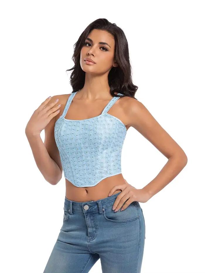 Corset moulant sexy bleu pâle à double bretelle brodé pour sculpter le corps et sublimer la silhouette