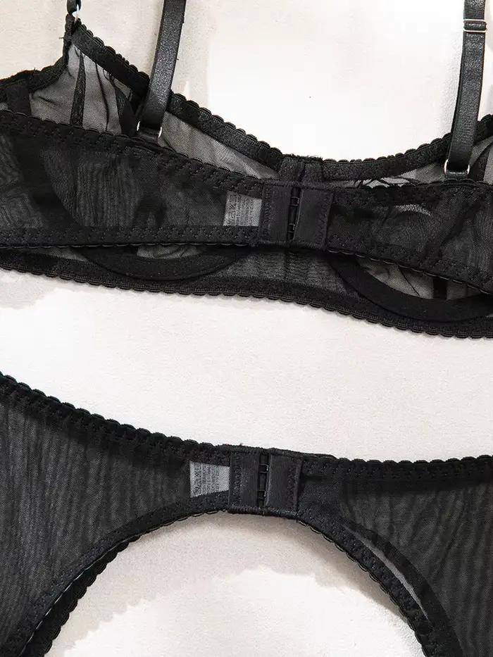 Belamimi Lingeries Sexy Sissy Voir À Travers Le Soutien-Gorge En Maille 3PC Ensemble avec Bas Sous-Vêtements Tentés Fantaisie Érotique Clubwear