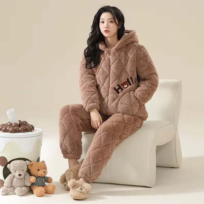 Hiver femmes pyjamas ensemble 3 couches pince coton à capuche Pijama femme épais chaud mignon dessin animé vêtements de nuit
