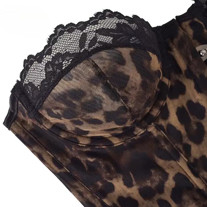 Corset Bustier Femme Léopard en Dentelle Imprimé Animalier Sexy, Maille Transparente, Baleines Intégrées, Fermeture Métallique, Effet Amincissant, Top de Soirée et de Club