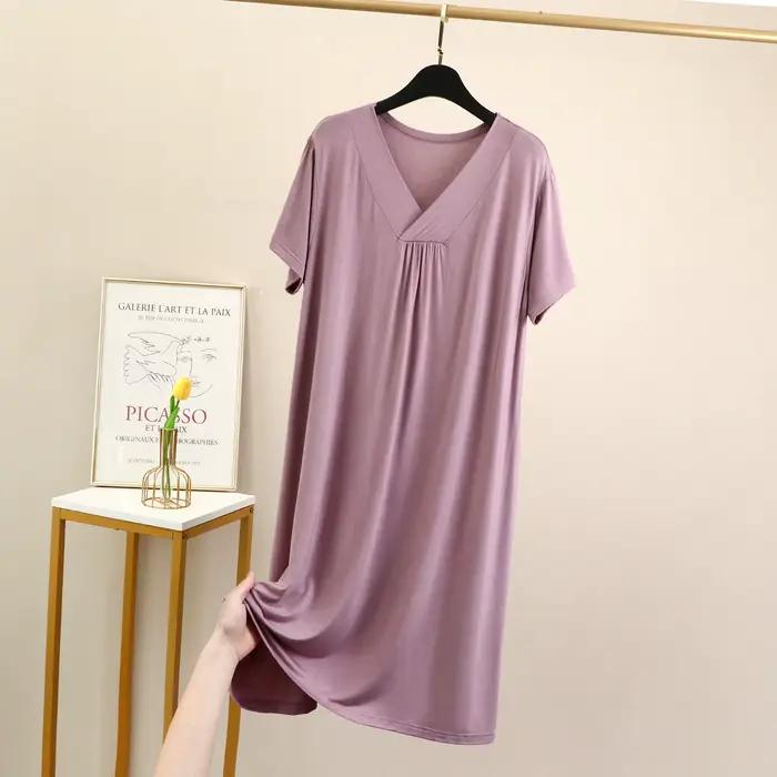 Fdfklak coréen élégant chemise de nuit pour femme col en V à manches courtes robe