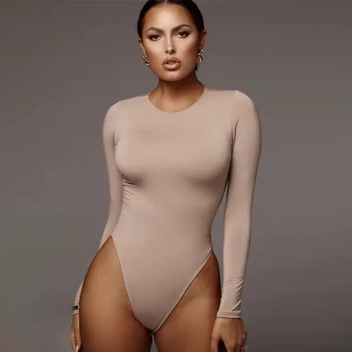 O cou à manches longues solide blanc Sexy Body femmes noir automne hiver corps haut gris décontracté dame Streetwear