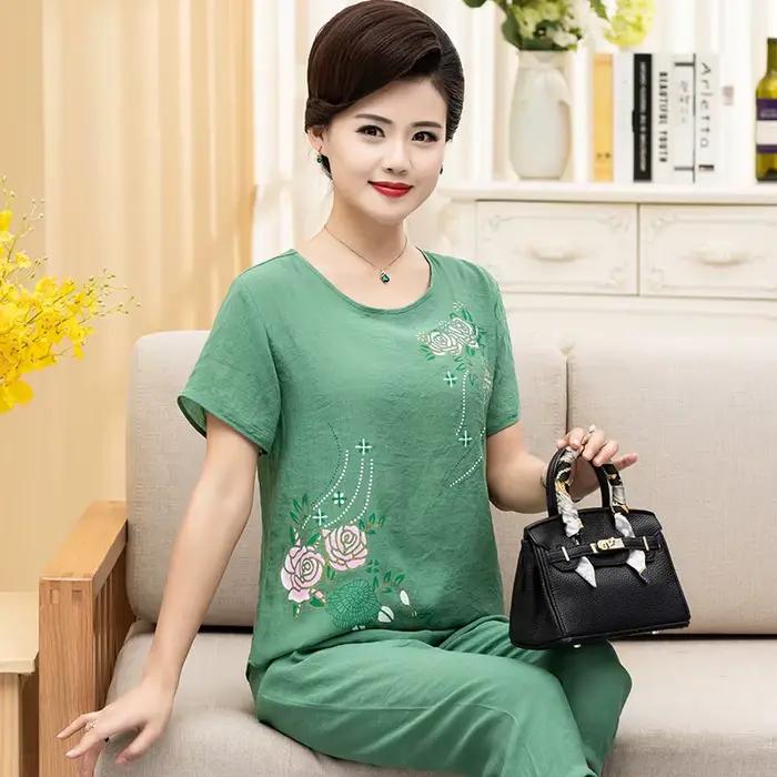 Été femmes Pijama Adulto Feminino XL-4XL grande taille lin coton imprimé pyjama ensemble
