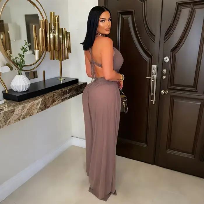 Été 2025 femmes Sexy col en v découpe fronde Cami combinaison couleur unie dos nu voir à travers une pièce pantalons longs fête Club barboteuse