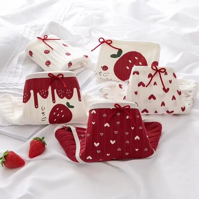 Culottes en coton pour femmes, sous-vêtements sexy, lingerie douce, culottes à lacets, imprimées fraises et cœurs