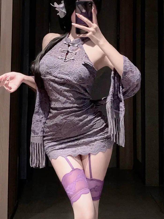 Robe en dentelle à col montant pour fille épicée, Lingerie Sexy, nouveau Style chinois, Cheongsam, pur désir, violette, col suspendu, élégante, 2NE2