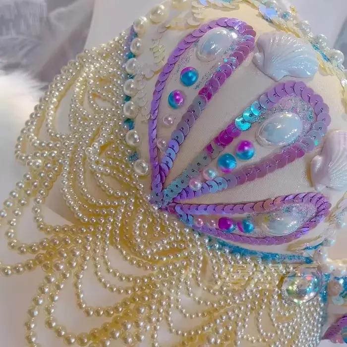 customized sparkling iridescent sequin shell bra pearl chain tassel pool party bra beach vacation pearl jacket belly dance bras