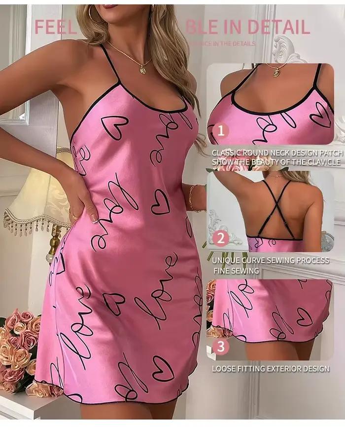 Coeur lettre impression chemise de nuit décontracté col rond Spaghetti sangle robe