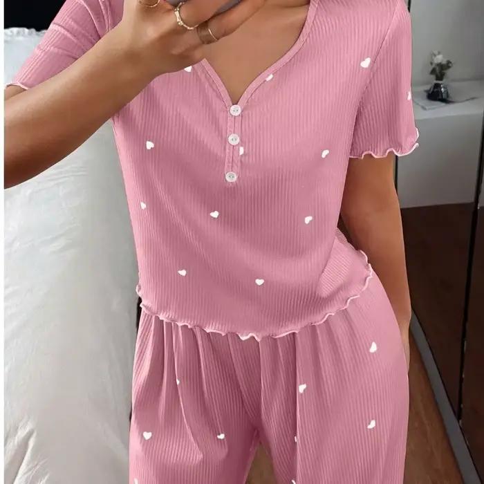 Ensemble de pyjama doux à manches courtes, motif cœurs et rayures, avec col en V à volants, pour la nuit