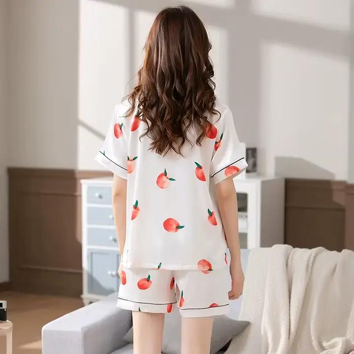 Pyjama féminin élégant style basique été courte soie polyester motifs géométriques pour nuits détentes et cadeaux spéciaux