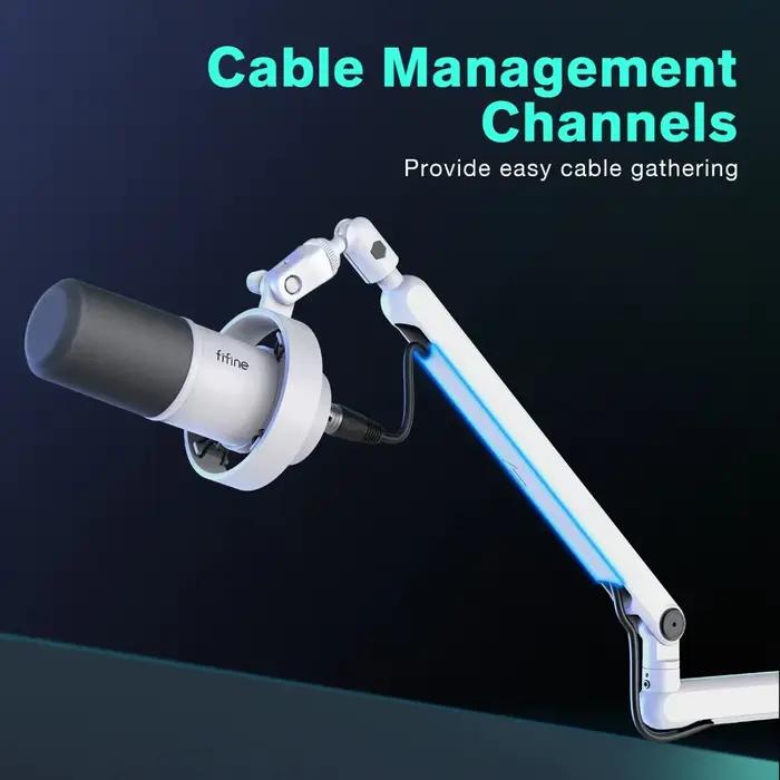Bras de micro réglable à profil bas avec pince de fixation pour bureau, rangement de câbles pour streaming et jeux - Blanc et noir