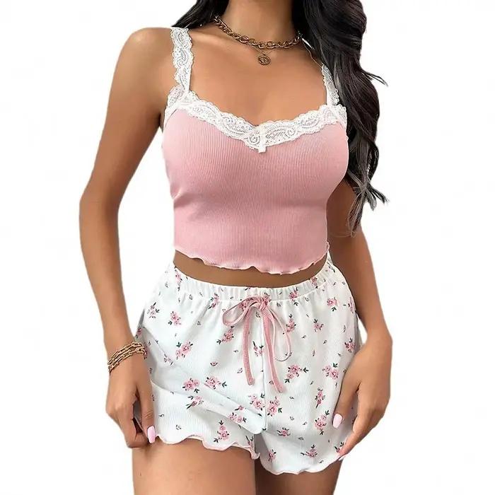 Femmes pyjama ensemble dentelle Patchwork col en v vêtements de nuit Sexy nuisettes costume Camisole haut imprimé