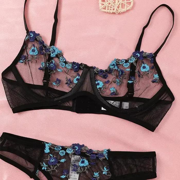 Lingerie en dentelle transparente brodée pour femmes