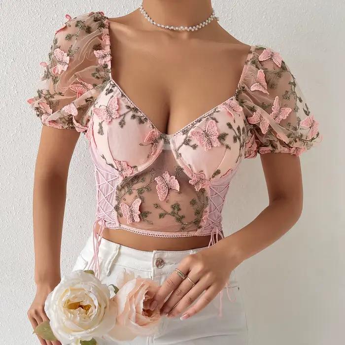 Papillon broderie bulle manches hauts Corset gilet mince été Sexy culture débardeur femmes décontracté Camisole Streetwear Y2k vêtements
