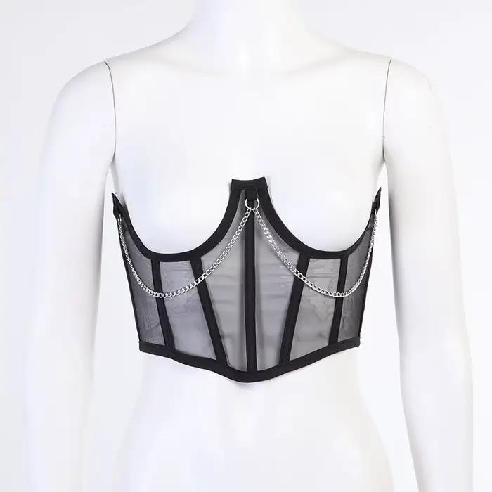 Corset Sexy sous le buste Punk chaîne en métal noir femmes haut courbe Shaper sangle minceur taille haute ceinture dentelle Bustiers