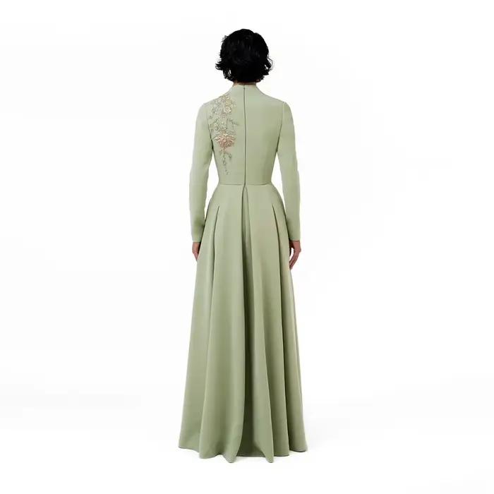 Robe de soirée vert sauge personnalisée, col en V profond, manches longues, pour femme, 2026, plissée, coupe trapèze, longue, formelle