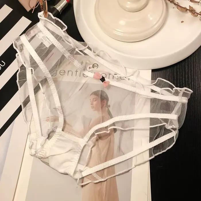 Femmes Sexy culotte transparente rose noeud coton entrejambe slips femme maille sous-vêtements respirants vague bord creux caleçon