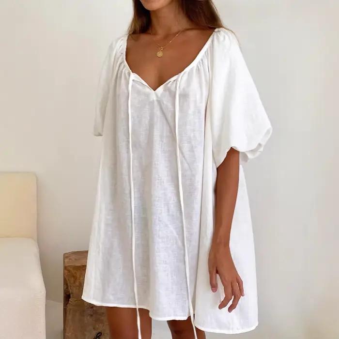 Nouvelle Robe de Nuit et de Détente en Coton Pur 2026 pour Femme, Blanche, Confortable, Respirante, Ample, à Lacets, Printemps-Été