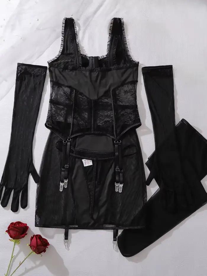 Ensemble de lingerie sexy en dentelle Belamimi 5 pièces avec mini-jupe crayon