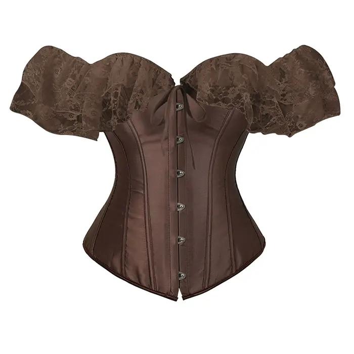 Couleur unie Satin dentelle hauts Corset Sexy épaules nues chaîne poitrine Bustier Corsets femmes Lingerie Bustiers