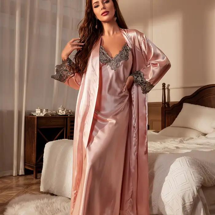 Femme longue Twinset Robe ensemble chemise de nuit printemps été Kimono peignoir