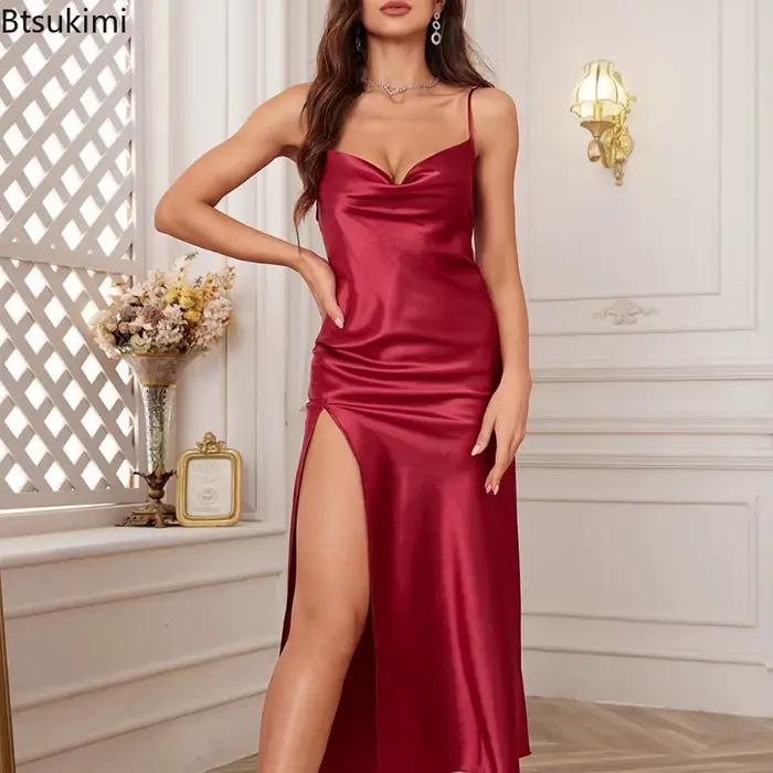 Robe de nuit fendue pour femme à imprimé léopard et floral, col en V, dos nu, bretelles spaghetti, en soie glacée