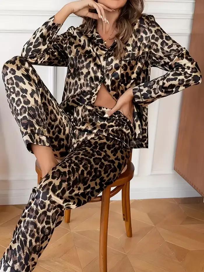 Ensemble pyjama en Satin de soie imprimé léopard pour femmes, vêtements de nuit, ample, décontracté, T-shirt à manches longues et pantalon, automne et hiver