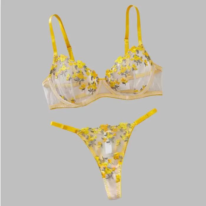 Ensemble de lingerie féminine en maille jaune avec broderie florale, soutien-gorge à armatures et culotte transparente, lingerie romantique pour la Saint-Valentin