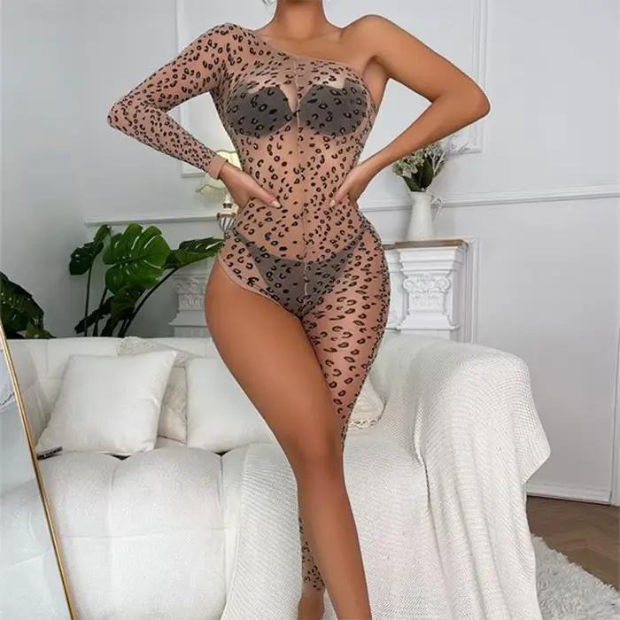 Résille Sexy porno sous-vêtements femmes body Lingerie léopard jambe unique