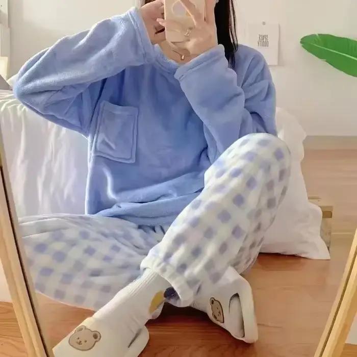 Ensemble pyjama en molleton épais et chaud pour femme