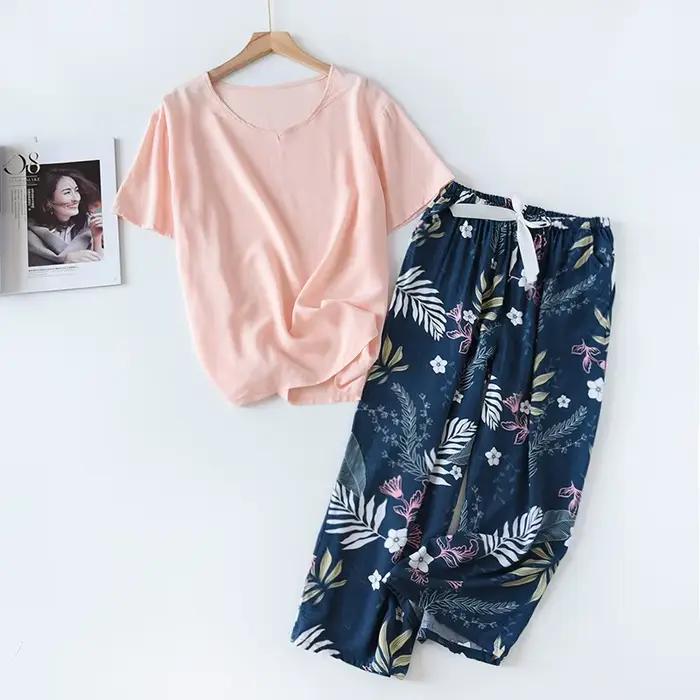 Femmes élégant 2 pièces imprimé fleuri vêtements de ménage dames ample mince rayonne pyjamas ensemble multicolore coton