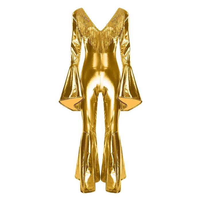 Body métallique irisé Oyolan pour femmes, costume de danse disco, pompon à paillettes, dos nu, barboteuse, poignets et jambes évasés, polyester et élasthanne, pour soirées festives et spectacles de danse