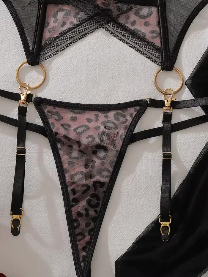 Ensemble de lingerie sexy transparente motif léopard avec gants en maille élégants