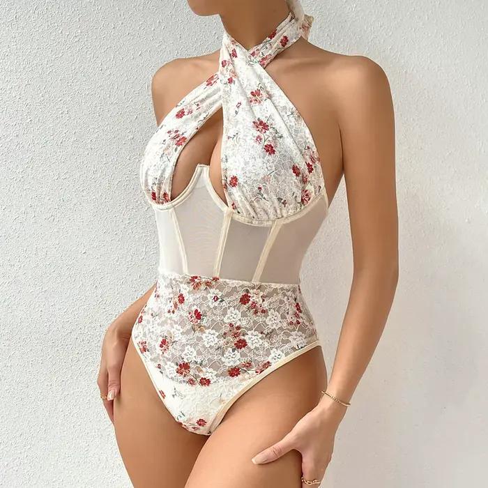 Combinaison ajourée imprimé floral pour femme, tenue sexy en maille patchwork, col licou, boîte de nuit, polyester, haut élastique, style décontracté, occasions spéciales