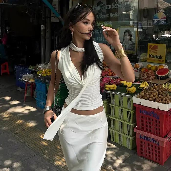 Haut bandage à col en V pour femme style Y2K coton polyester décontracté élégant et sexy pour l'été vacances et soirées