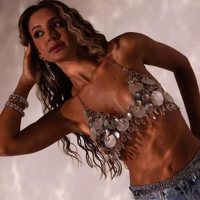 Soutien-Gorge à Paillettes Argentées avec Pompon en Clip pour Femme