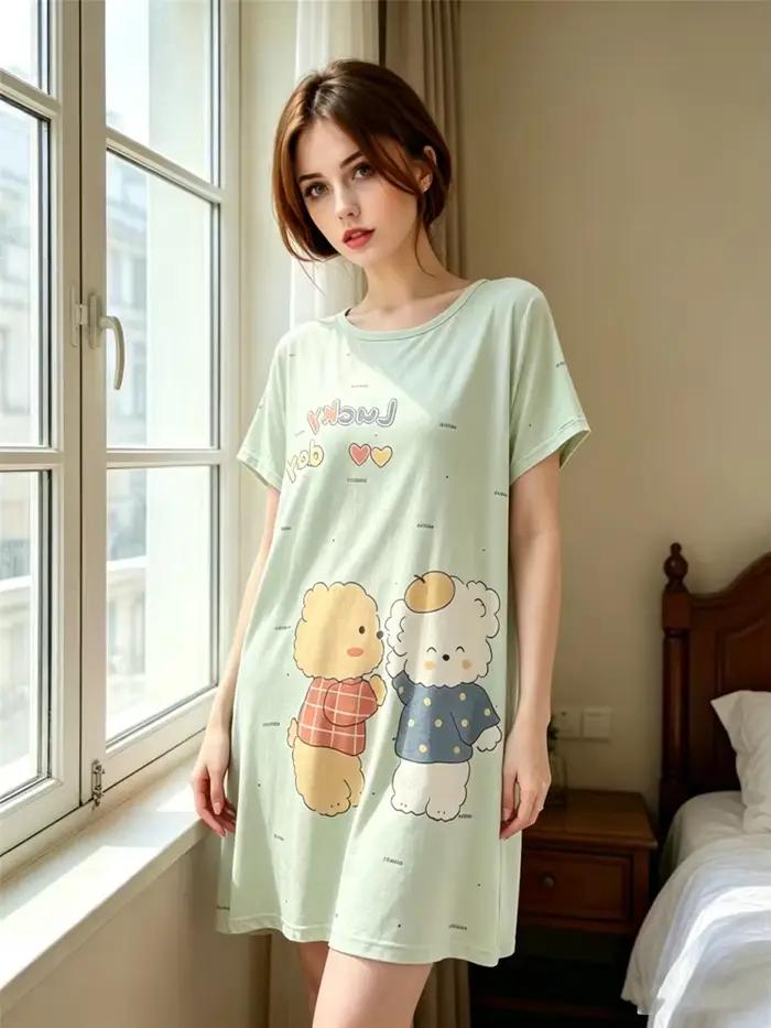 Chemise de nuit d'été ample grande taille pour femme, manches courtes, motif dessin animé mignon, tenue de nuit décontractée et douce pour filles