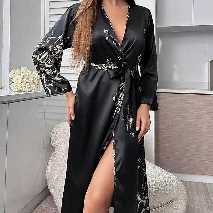 Vert imprimé vêtements de nuit femmes Sexy longue Kimono Robe col en v