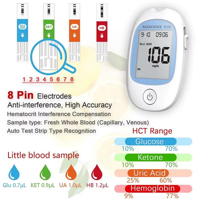 Bandelettes de test ACCUGENCE pour la glycémie, les corps cétoniques, l'hémoglobine, l'acide urique, le diabète, la goutte, l'anémie pour moniteur multifonctionnel PM800 PM900