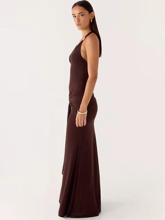 Robe longue sexy Mozision à col halter et décolleté plongeant pour femme