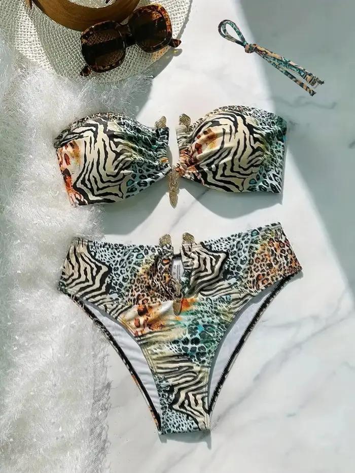 Sexy Bandeau Bikini 2026 femmes métal V fil zèbre tigre imprimé Push Up taille haute maillot de bain plage maillot de bain deux pièces maillots de bain