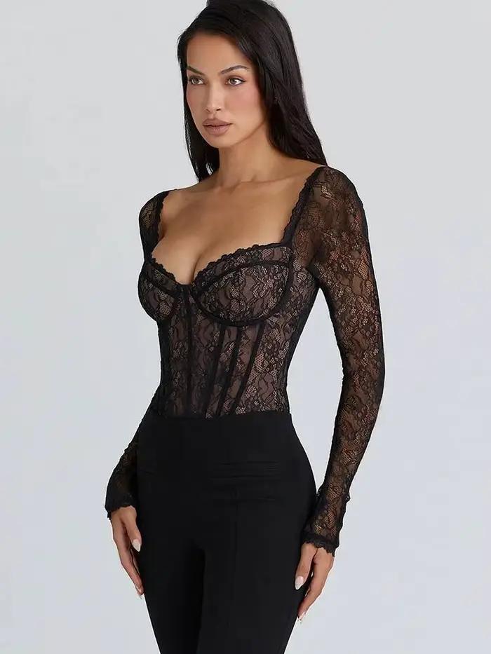 JULISSA MO Sexy col carré pure dentelle fermeture éclair femmes body à manches longues imprimé fleuri dame hiver moulante élégant combishort nouveau