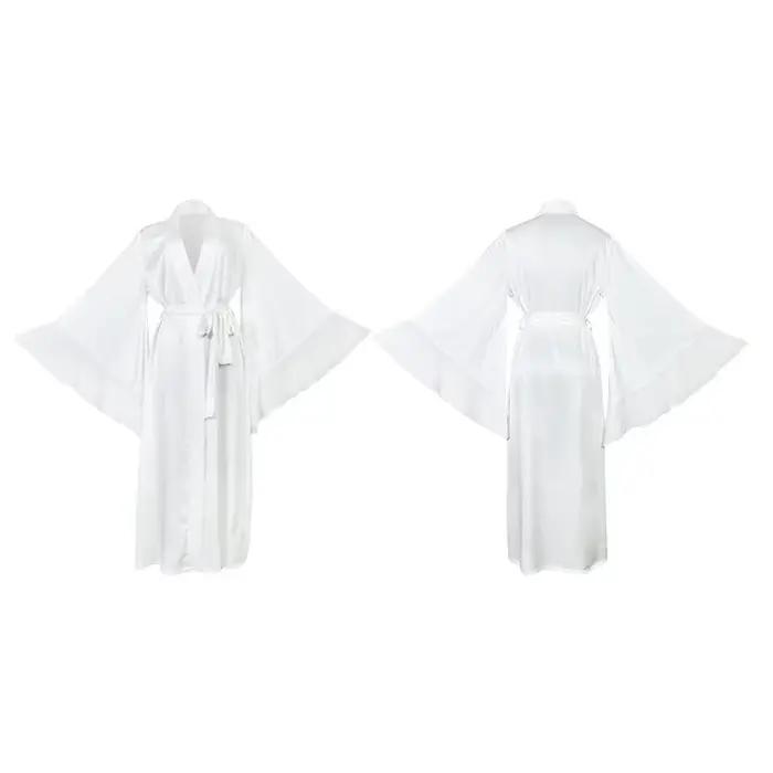 Longue Robe de mariée à oiseaux, Kimono blanc, vêtements de nuit amples, Sexy, grande manches en dentelle, peignoir, vêtements de nuit