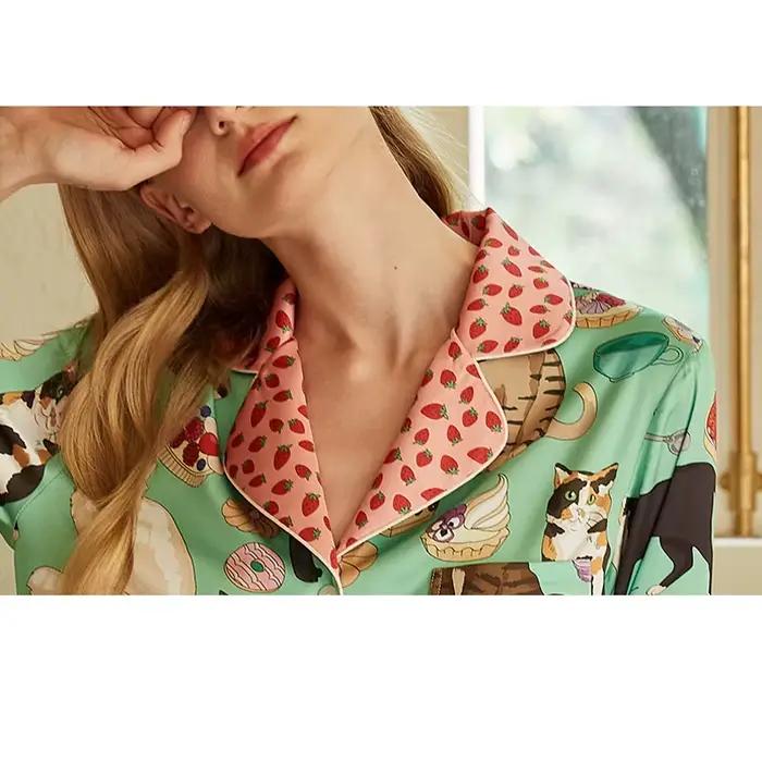 Ensemble pyjama deux pièces imprimé chat pour femme