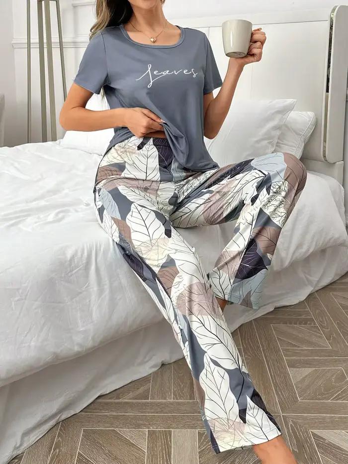 Ensemble 2 pièces de pyjama quatre saisons pour femmes, imprimé Floral élégant, ensemble de pyjama confortable à manches courtes et pantalons longs