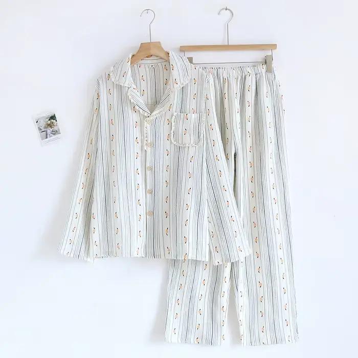 100% coton gaze femmes Pyjamas 2025 nouveau printemps/automne vêtements de nuit femme 2 pièces ensemble