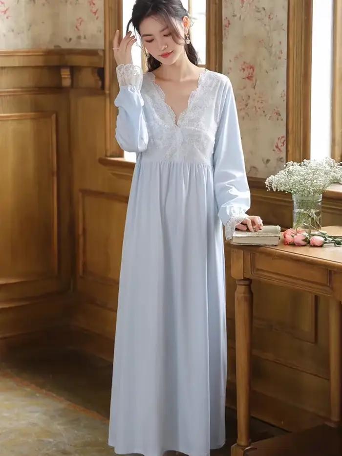 Femmes coton volants dentelle col en v Vintage chemises de nuit Robe nuisette à manches longues