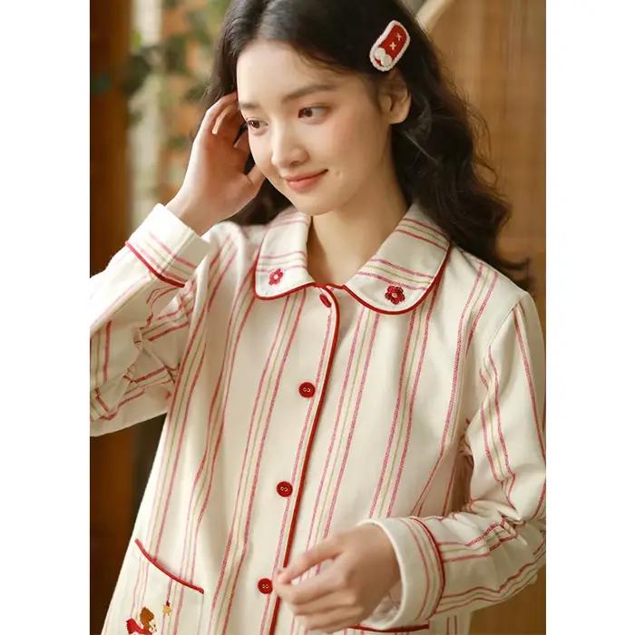 Ensemble pyjama vintage rayé avec col Peter Pan, coton brossé doux, style mignon, pour femmes, occasions spéciales automnales et soirs paisibles